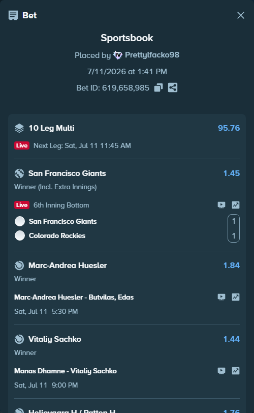 Bet slip: Heliovaara H / Patten H - Arevalo M / Pavic M, $14,515.24 stake at 1.76 odds, placed by Prettylfacko98