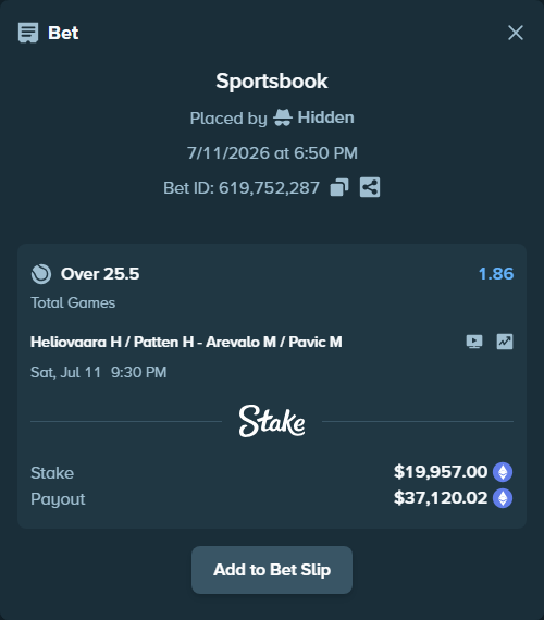 Bet slip: Heliovaara H / Patten H - Arevalo M / Pavic M, $21,095.02 stake at 1.86 odds, placed by Hidden