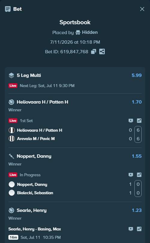 Bet slip: Heliovaara H / Patten H - Arevalo M / Pavic M, $30,000.00 stake at 1.70 odds, placed by Hidden