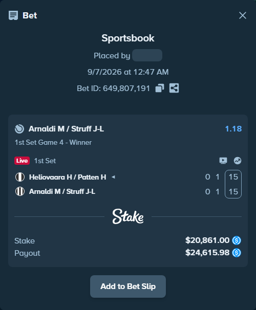 Bet slip: Heliovaara H / Patten H - Arnaldi M / Struff J-L, $20,861.00 stake at 1.18 odds, placed by kuwkuw