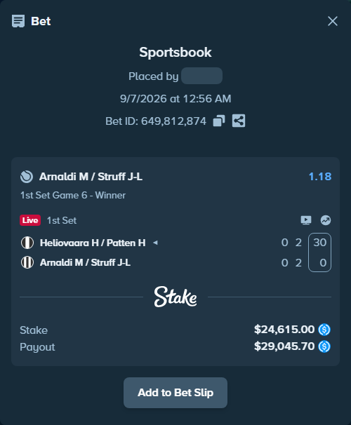 Bet slip: Heliovaara H / Patten H - Arnaldi M / Struff J-L, $24,615.00 stake at 1.18 odds, placed by kuwkuw