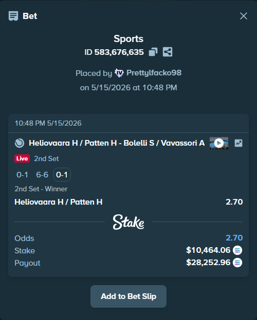 Bet slip: Heliovaara H / Patten H - Bolelli S / Vavassori A, $8,454.71 stake at 2.70 odds, placed by Prettylfacko98