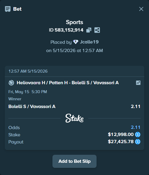 Bet slip: Heliovaara H / Patten H - Bolelli S / Vavassori A, $12,998.00 stake at 2.11 odds, placed by Jcalle19