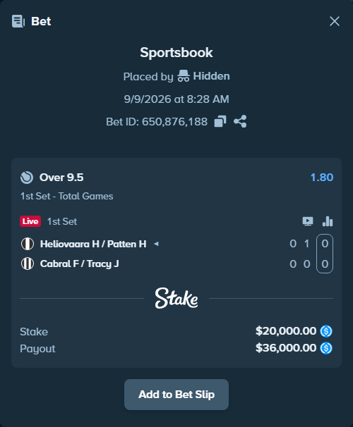 Bet slip: Heliovaara H / Patten H - Cabral F / Tracy J, $20,000.00 stake at 1.80 odds, placed by Hidden