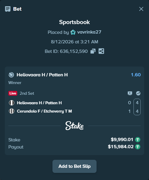 Bet slip: Heliovaara H / Patten H - Cerundolo F / Etcheverry T, $10,000.00 stake at 1.60 odds, placed by vavrinka27