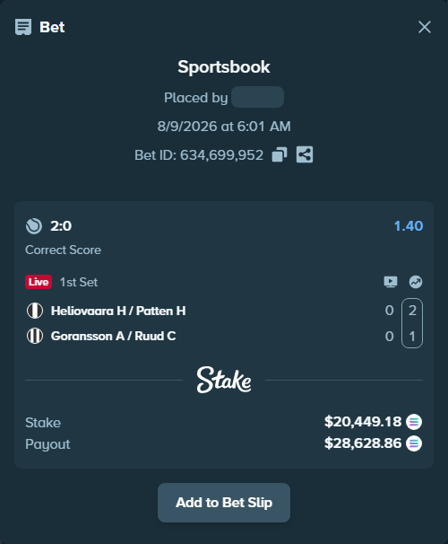 Bet slip: Heliovaara H / Patten H - Goransson A / Ruud C, $20,397.78 stake at 1.40 odds, placed by HOPLAND4