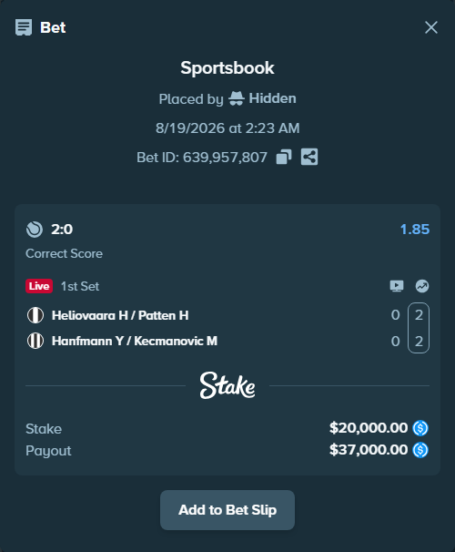 Bet slip: Heliovaara H / Patten H - Hanfmann Y / Kecmanovic M, $20,000.00 stake at 1.85 odds, placed by Hidden
