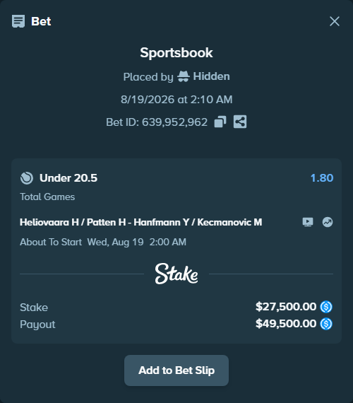 Bet slip: Heliovaara H / Patten H - Hanfmann Y / Kecmanovic M, $27,500.00 stake at 1.80 odds, placed by Hidden