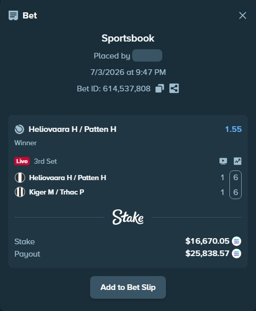 Bet slip: Heliovaara H / Patten H - Kiger M / Trhac P, $16,837.25 stake at 1.55 odds, placed by Prettylfacko98