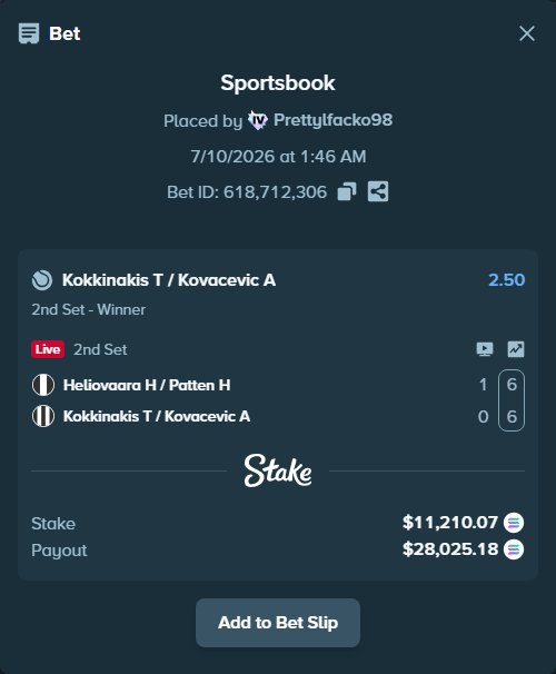 Bet slip: Heliovaara H / Patten H - Kokkinakis T / Kovacevic A, $10,500.66 stake at 2.50 odds, placed by Prettylfacko98