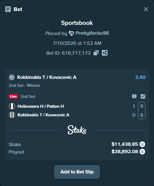 Bet slip: Heliovaara H / Patten H - Kokkinakis T / Kovacevic A, $10,714.95 stake at 3.40 odds, placed by Prettylfacko98