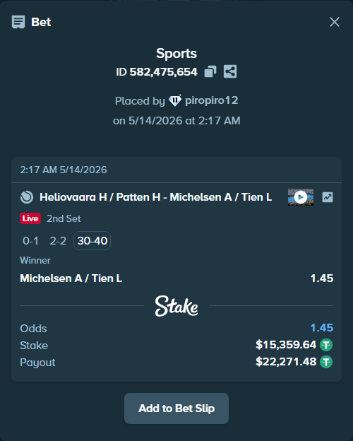 Bet slip: Heliovaara H / Patten H - Michelsen A / Tien L, $15,375.00 stake at 1.45 odds, placed by piropiro12