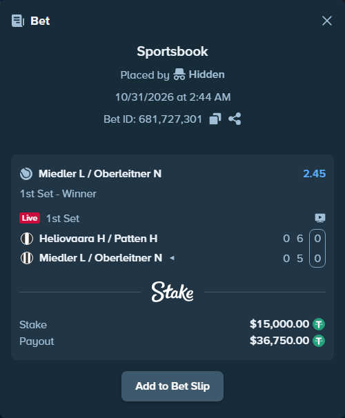 Bet slip: Heliovaara H / Patten H - Miedler L / Oberleitner N, $15,015.00 stake at 2.45 odds, placed by Hidden