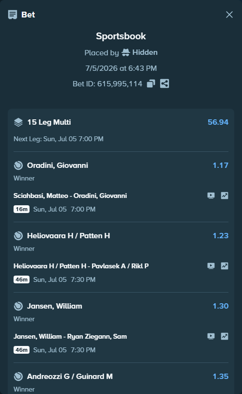 Bet slip: Heliovaara H / Patten H - Pavlasek A / Rikl P, $20,211.18 stake at 1.23 odds, placed by Hidden