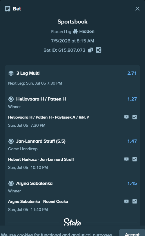 Bet slip: Heliovaara H / Patten H - Pavlasek A / Rikl P, $28,000.00 stake at 1.27 odds, placed by Hidden