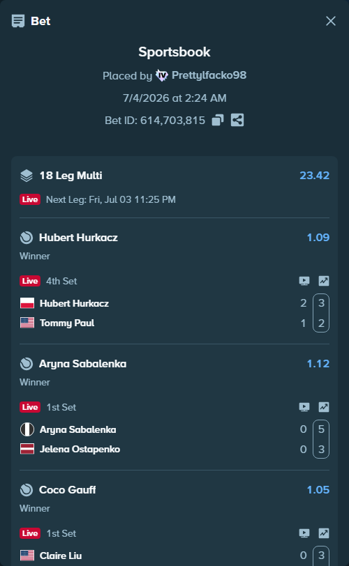 Bet slip: Heliovaara H / Patten H - Pavlasek A / Rikl P, $33,308.48 stake at 1.27 odds, placed by Prettylfacko98