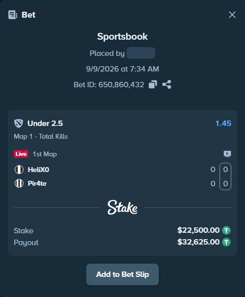 Bet slip: HeliX0 - Pir4te, $22,500.00 stake at 1.45 odds, placed by saszakoncza