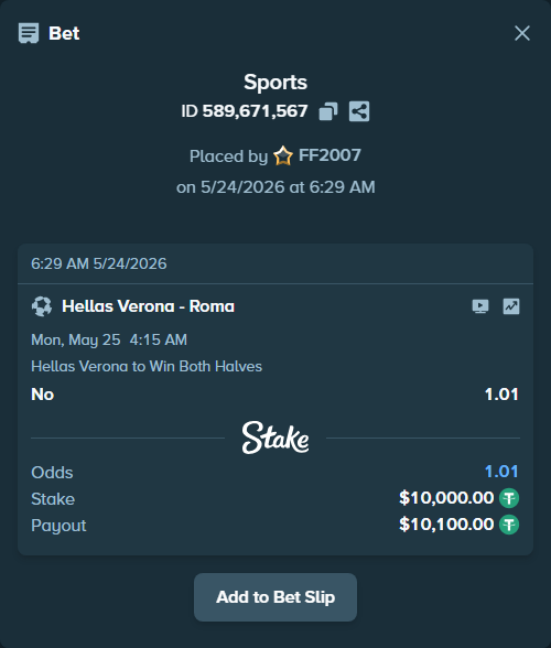 Bet slip: Hellas Verona - Roma, $10,000.00 stake at 1.01 odds, placed by FF2007