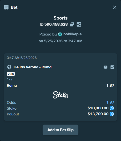 Bet slip: Hellas Verona - Roma, $10,000.00 stake at 1.37 odds, placed by boblikepie