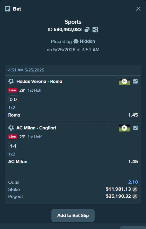 Bet slip: Hellas Verona - Roma, $10,217.98 stake at 1.45 odds, placed by Hidden