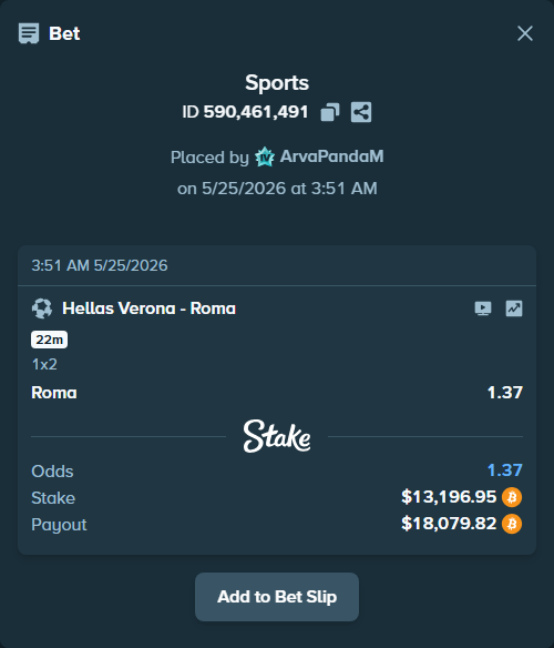 Bet slip: Hellas Verona - Roma, $11,070.43 stake at 1.37 odds, placed by ArvaPandaM