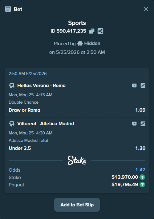 Bet slip: Hellas Verona - Roma, $13,970.00 stake at 1.09 odds, placed by Hidden