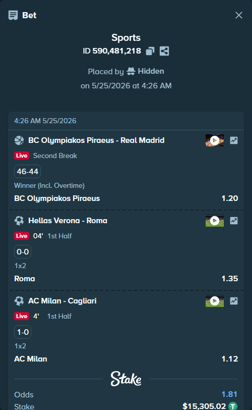 Bet slip: Hellas Verona - Roma, $15,305.02 stake at 1.35 odds, placed by Hidden