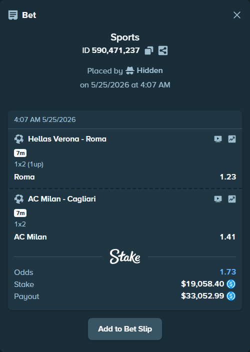 Bet slip: Hellas Verona - Roma, $19,058.40 stake at 1.23 odds, placed by Hidden