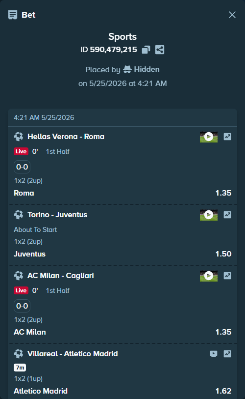 Bet slip: Hellas Verona - Roma, $20,849.00 stake at 1.35 odds, placed by Hidden