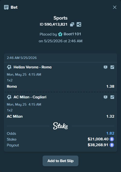 Bet slip: Hellas Verona - Roma, $17,343.20 stake at 1.38 odds, placed by Boat1101
