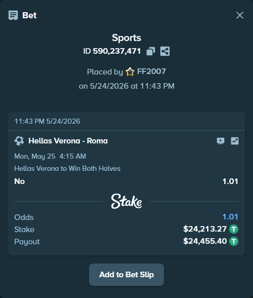 Bet slip: Hellas Verona - Roma, $24,213.27 stake at 1.01 odds, placed by FF2007