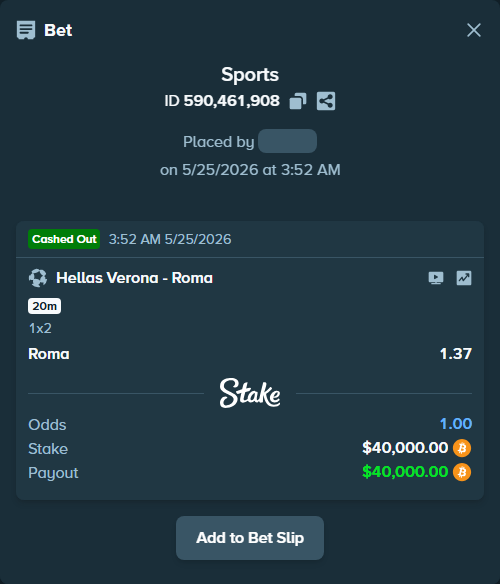 Bet slip: Hellas Verona - Roma, $33,554.53 stake at 1.37 odds, placed by Espnik