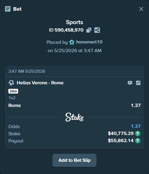Bet slip: Hellas Verona - Roma, $40,775.29 stake at 1.37 odds, placed by hanemerl10