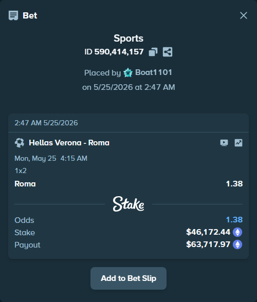 Bet slip: Hellas Verona - Roma, $38,117.03 stake at 1.38 odds, placed by Boat1101