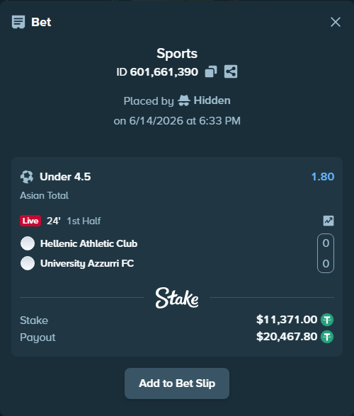 Bet slip: Hellenic Athletic Club - Azzurri United FC, $11,382.37 stake at 1.80 odds, placed by Hidden