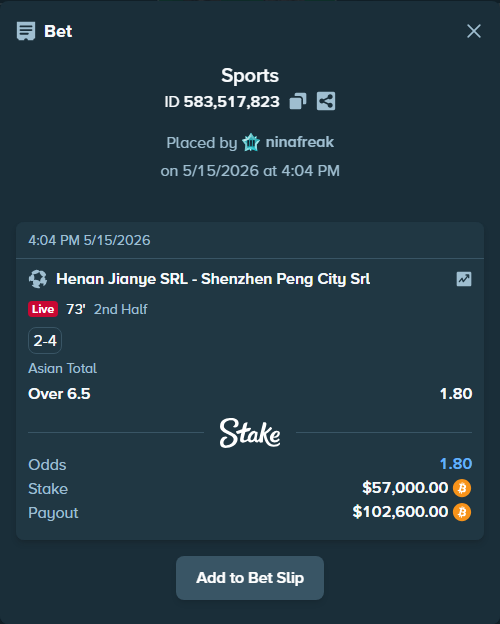 Bet slip: Henan Jianye SRL - Shenzhen Peng City Srl, $45,647.53 stake at 1.80 odds, placed by ninafreak
