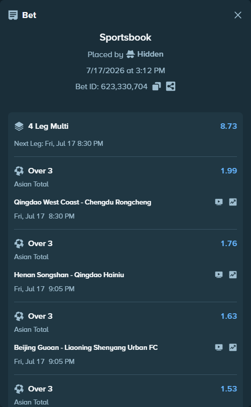 Bet slip: Henan Songshan - Qingdao Hainiu, $50,000.00 stake at 1.76 odds, placed by Hidden