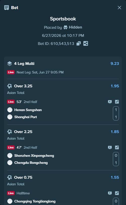 Bet slip: Henan Songshan - Shanghai Port, $50,000.00 stake at 1.95 odds, placed by Hidden