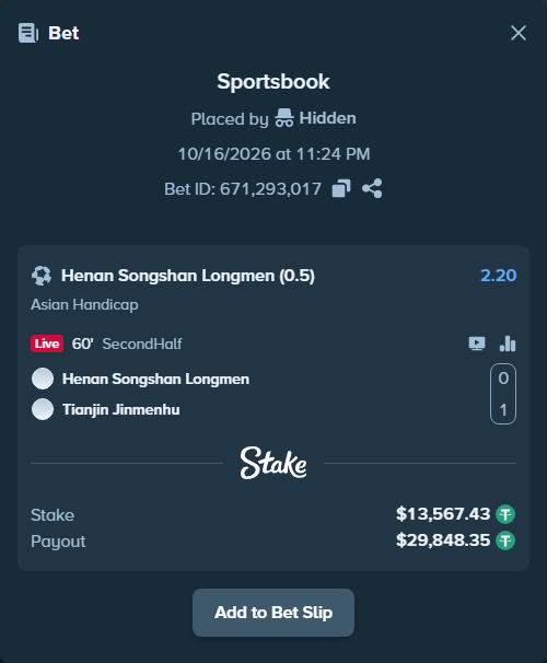 Bet slip: Henan Songshan - Tianjin Jinmen Tiger, $13,581.00 stake at 2.20 odds, placed by Hidden