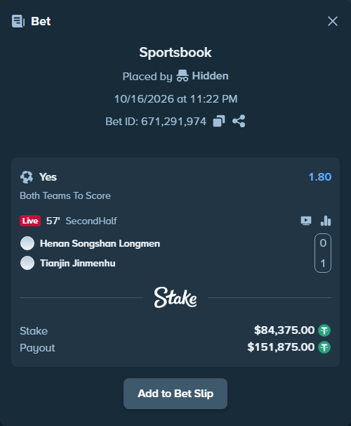 Bet slip: Henan Songshan - Tianjin Jinmen Tiger, $84,459.37 stake at 1.80 odds, placed by Hidden