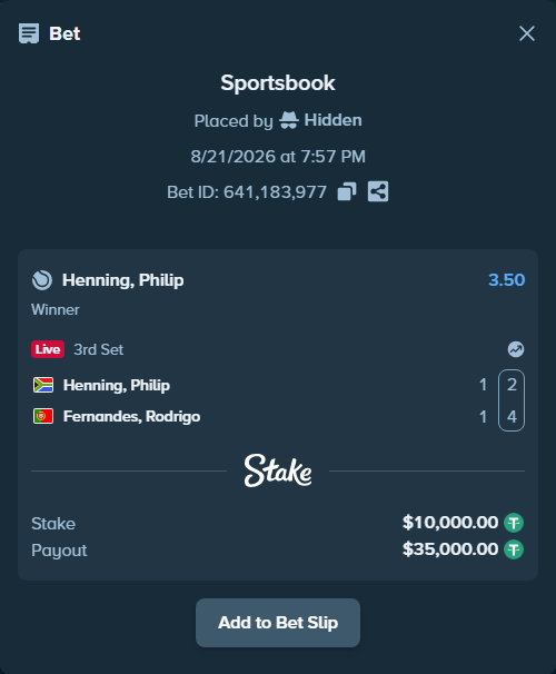Bet slip: Henning, Philip - Fernandes, Rodrigo, $10,000.00 stake at 3.50 odds, placed by Hidden