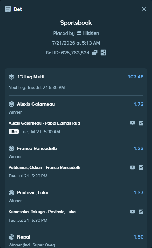 Bet slip: Henning, Philip - Monteiro, Thiago, $10,505.60 stake at 1.34 odds, placed by Hidden