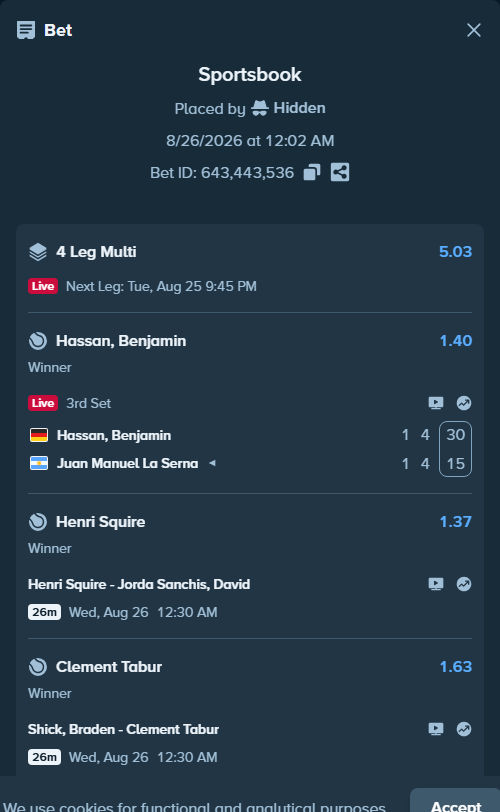 Bet slip: Henri Squire - Jorda Sanchis, David, $10,000.00 stake at 1.37 odds, placed by Hidden