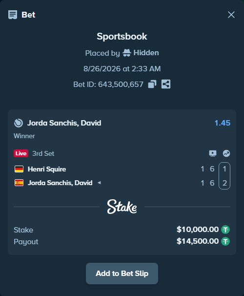 Bet slip: Henri Squire - Jorda Sanchis, David, $10,000.00 stake at 1.45 odds, placed by Hidden