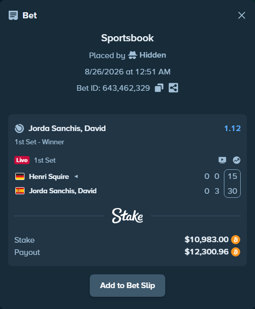 Bet slip: Henri Squire - Jorda Sanchis, David, $10,983.53 stake at 1.12 odds, placed by Hidden