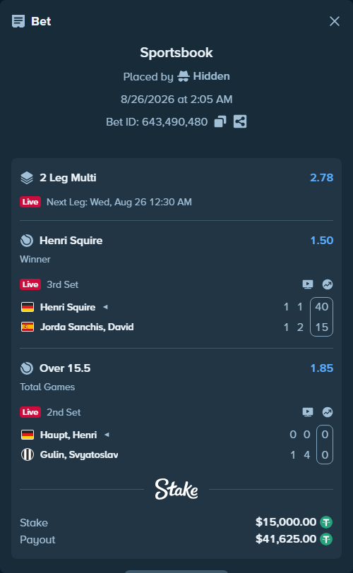 Bet slip: Henri Squire - Jorda Sanchis, David, $15,000.00 stake at 1.50 odds, placed by Hidden