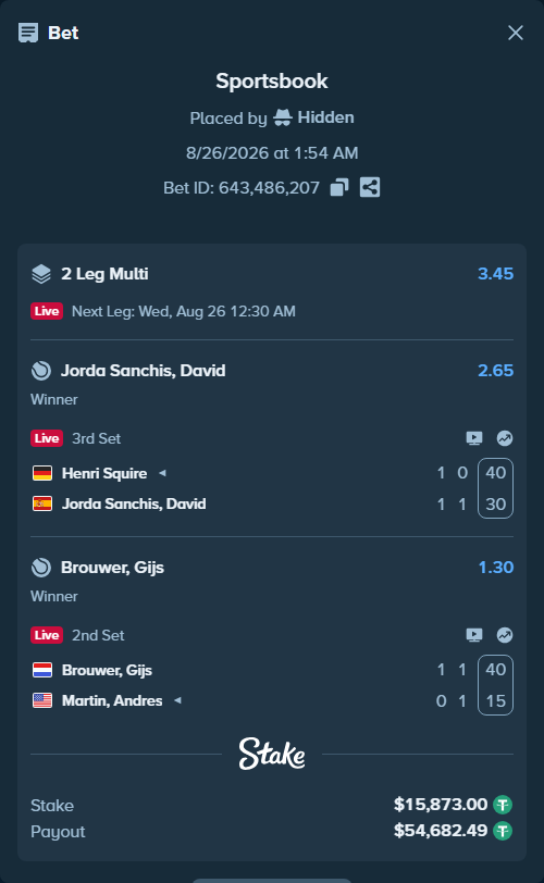 Bet slip: Henri Squire - Jorda Sanchis, David, $15,873.00 stake at 2.65 odds, placed by Hidden