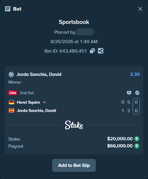 Bet slip: Henri Squire - Jorda Sanchis, David, $20,000.00 stake at 3.30 odds, placed by ayoflasher