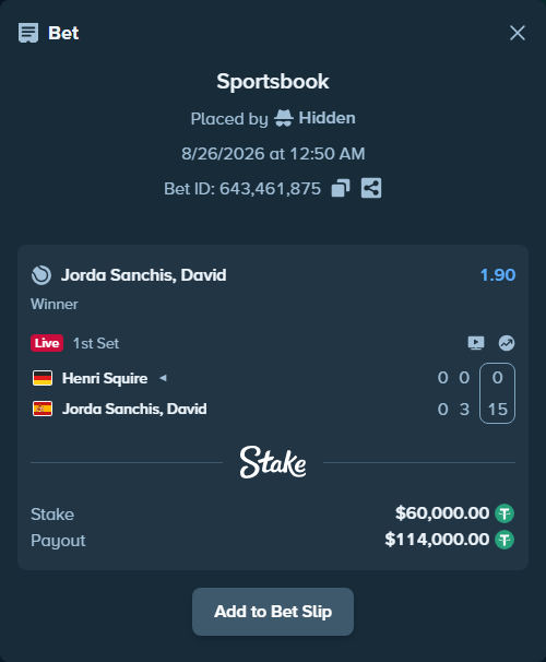 Bet slip: Henri Squire - Jorda Sanchis, David, $60,000.00 stake at 1.90 odds, placed by Hidden