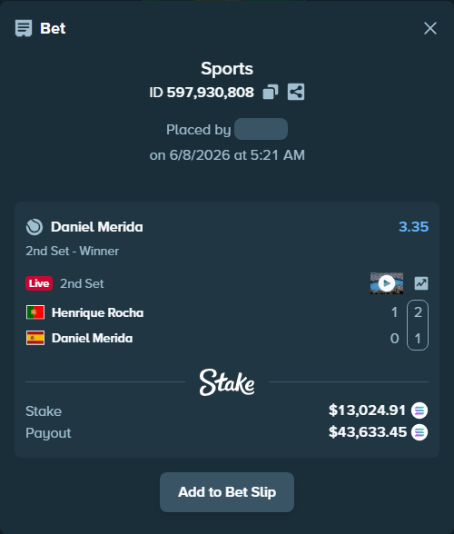 Bet slip: Henrique Rocha - Daniel Merida, $15,002.13 stake at 3.35 odds, placed by Prettylfacko98